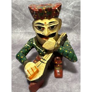 Vintage Hand Carved & Painted Rajasthani Indian Wooden Sitar Musician Guitar